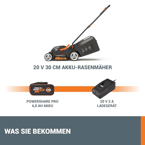 WORX WG730E Akku-Rasenmäher 20V - kraftvoller bürstenloser Motor - ideal für Gärten bis zu 200m² - 30cm Schnittbreite - Cut-to-Edge