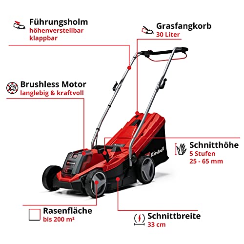 Einhell Akku-Rasenmäher GE-CM 18/33 Li Kit Power X-Change (18 V, 33 cm Schnittbreite, bis 200 m², Brushless, 30L Fangkorb, 25-65 mm Schnitthöhe