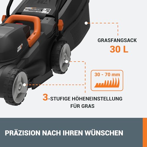 WORX WG730E Akku-Rasenmäher 20V - kraftvoller bürstenloser Motor - ideal für Gärten bis zu 200m² - 30cm Schnittbreite - Cut-to-Edge