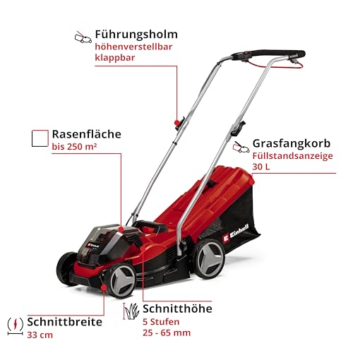 Einhell Akku-Rasenmäher GE-CM 36/33 Li Kit Power X-Change (36 V, 33cm Schnittbreite, bis 250 m², 30L Fangkorb, 25-65 mm Schnitthöhe