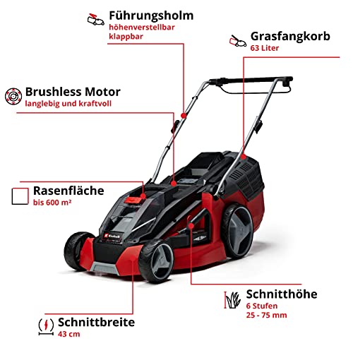 Einhell Akku-Rasenmäher GE-CM 43 Li M Kit Power X-Change (36V, 43 cm Schnittbreite, bis 600 m², Brushless, Mulch-Kit, 63L Fangkorb