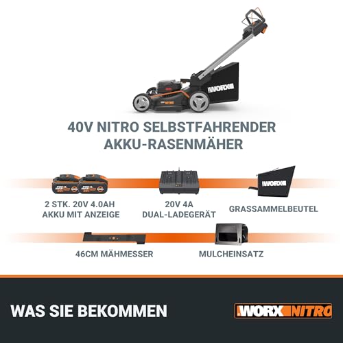 WORX WG749E Akku Rasenmäher 40V (2x20V) PowerShare, Radantrieb, Kraftvoller Bürstenloser Motor, 46cm Schnittbreite, 7 Schnitthöhen inkl