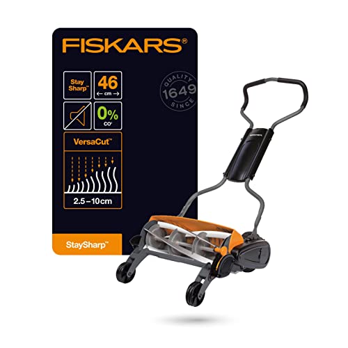 Fiskars Spindelmäher, Rasenmäher mit berührungslosem Schneidesystem, Schnittbreite: 46 cm, StaySharp Max, Schwarz/Orange/Silber, 1000591