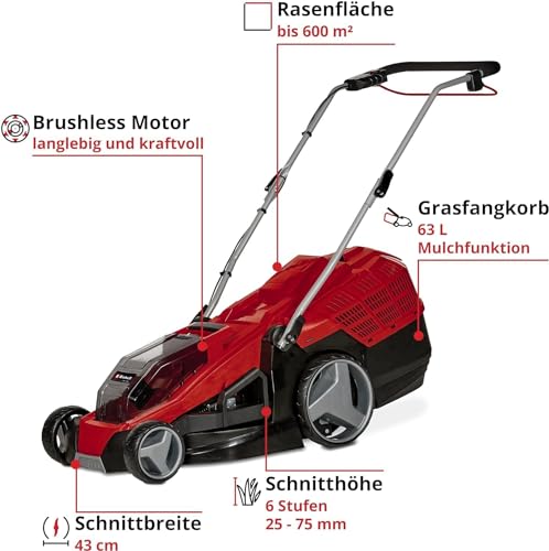 Einhell Akku-Rasenmäher GE-CM 36/43 Li M-Solo Power X-Change (36 V, 43 cm Schnittbreite, bis 600 m², Brushless, Mulchfunktion, 63L Fangkorb