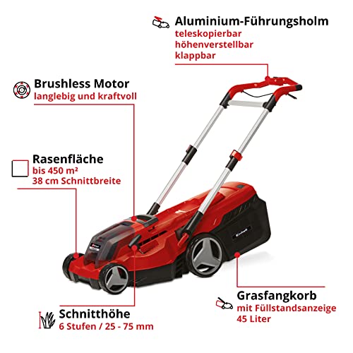 Einhell Akku-Rasenmäher RASARRO 36/38 Kit Power X-Change (36 V, 38 cm Schnittbreite, 450 m², Brushless, Mulchfunktion, 45L Fangkorb