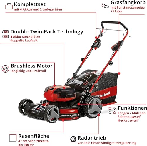 Einhell Akku-Rasenmäher GE-CM 36/47 S HW Li Kit Power X-Change (36 V, 47 cm Schnittbreite, bis 700 m², Brushless, Radantrieb, 75 L Fangkorb