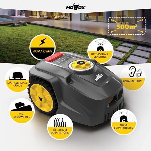 Mowox® RM 500 WiU-SNx intelligenter Mähroboter für Rasenfläche bis 500m², Ultraschallsensoren, App-Steuerung per WiFi und LCD-Display, inkl. Zubehör (CE, TÜV/GS)