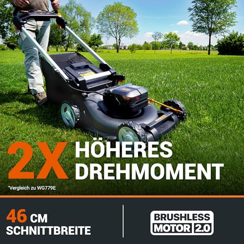 WORX WG749E Akku Rasenmäher 40V (2x20V) PowerShare, Radantrieb, Kraftvoller Bürstenloser Motor, 46cm Schnittbreite, 7 Schnitthöhen inkl