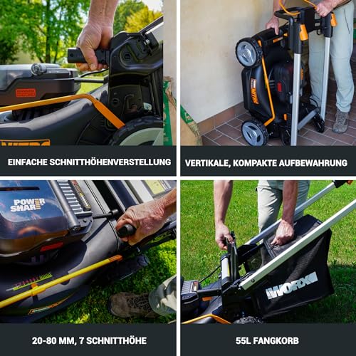 WORX WG749E Akku Rasenmäher 40V (2x20V) PowerShare, Radantrieb, Kraftvoller Bürstenloser Motor, 46cm Schnittbreite, 7 Schnitthöhen inkl