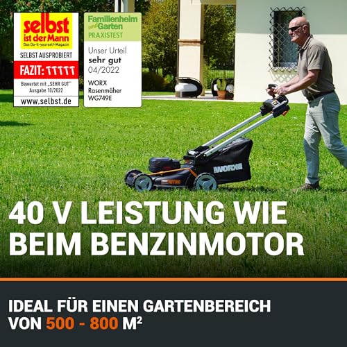 WORX WG749E Akku Rasenmäher 40V (2x20V) PowerShare, Radantrieb, Kraftvoller Bürstenloser Motor, 46cm Schnittbreite, 7 Schnitthöhen inkl