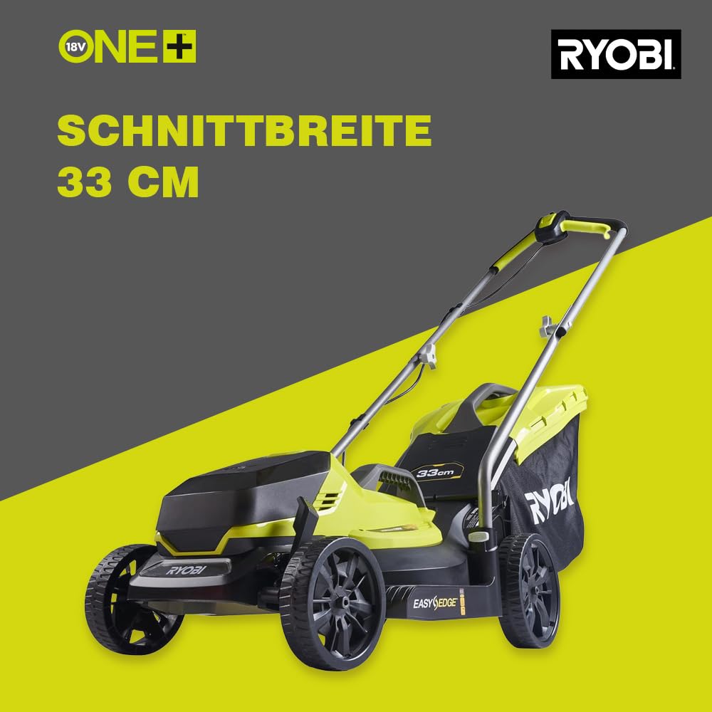 RYOBI 18 V ONE+ Akku-Rasenmäher OLM1833B (Schnittbreite 33 cm, 5-fache Höhenverstellung 25-65 mm, zusammenklappbares Griffgestänge