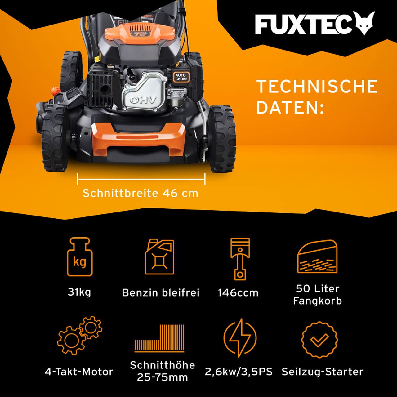 FUXTEC 4in1 Benzin Rasenmäher FX-RM4646 – 3,5PS/2,6kW | 46cm Schnittbreite & 7-stufige Höhenverstellung 25mm-75mm