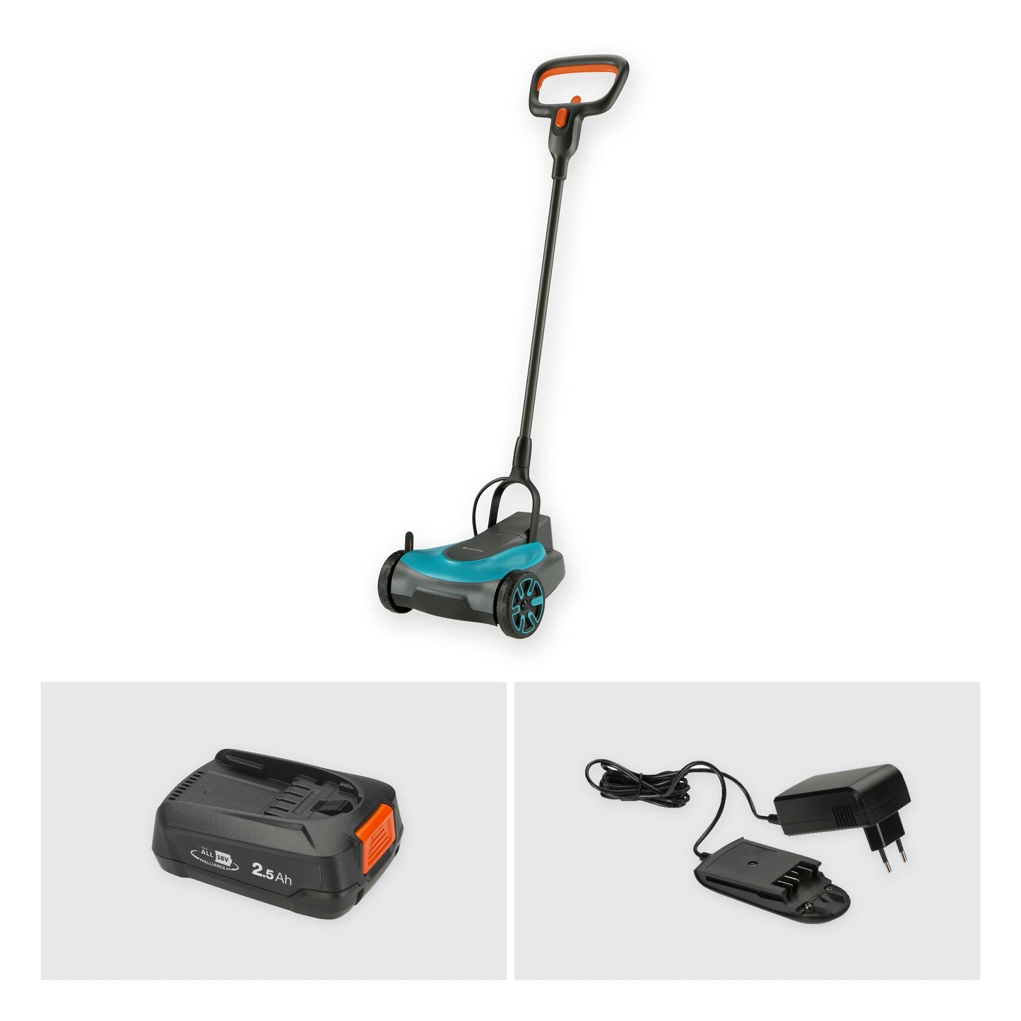 Gardena Akku-Rasenmäher HandyMower 22/18V P4A Ready-To-Use Set: Handrasenmäher, für Rasenflächen bis zu 50 m², Schnitthöhenverstellbar