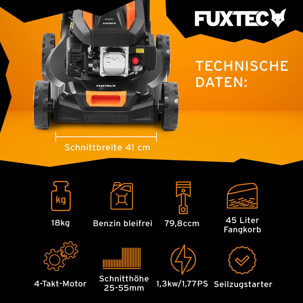 FUXTEC Benzin Rasenmäher FX-RM4180 1,8PS / 1,3kW | Gewicht nur 18kg | 40cm Schnittbreite & 3-stufige Schnitthöhenverstellung 25-55mm