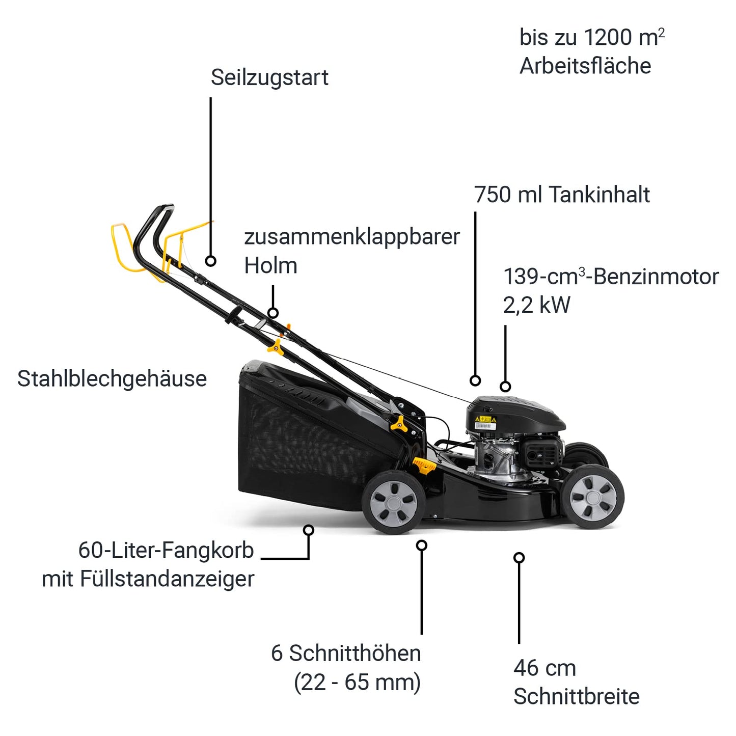 Alpina Rasenmäher Benzin AL5 46 SA, Radantrieb, 60L Korb, 46cm Schnitt, bis zu 1200m²