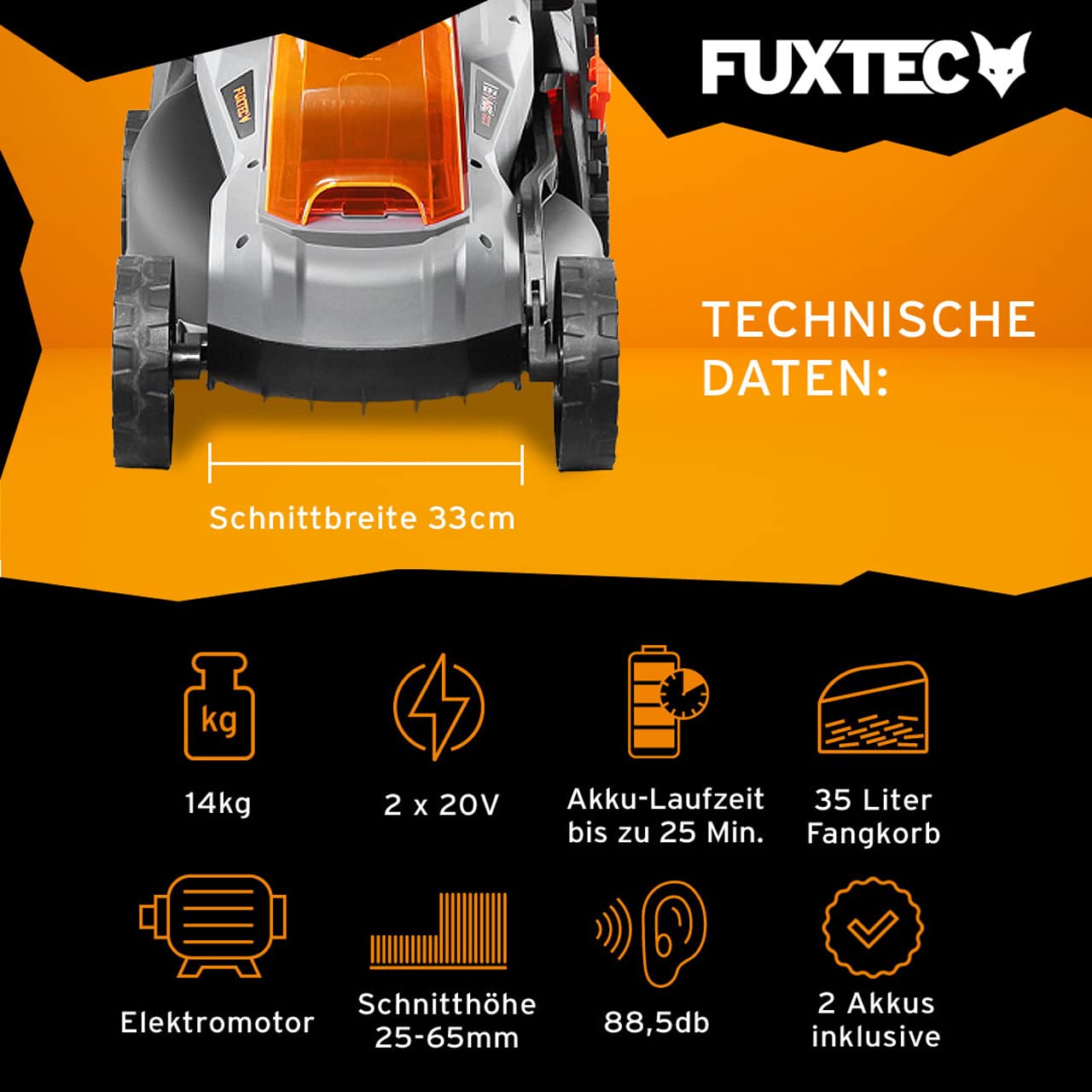 FUXTEC Akku Rasenmäher 40V (2x20V) E1RM20 inkl. 2x20V Li-Ion Batterie 2Ah & Doppel-Ladegerät – Schnittbreite 33cm, Variable Schnitthöhe