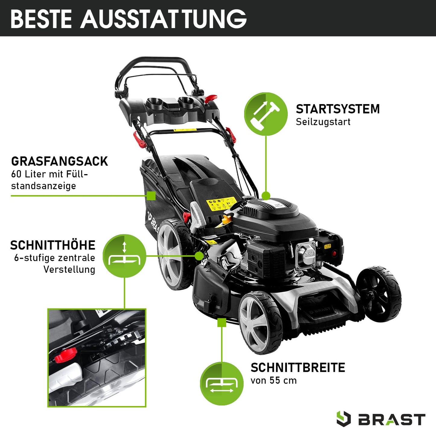 BRAST® Benzin Rasenmäher mit Antrieb | 5,2kW (7PS) | 55cm Schnittbreite | viele Modelle | TÜV | 30-80mm Schnitthöhe | 60L Fangkorb | 4 Takt OHV Motor