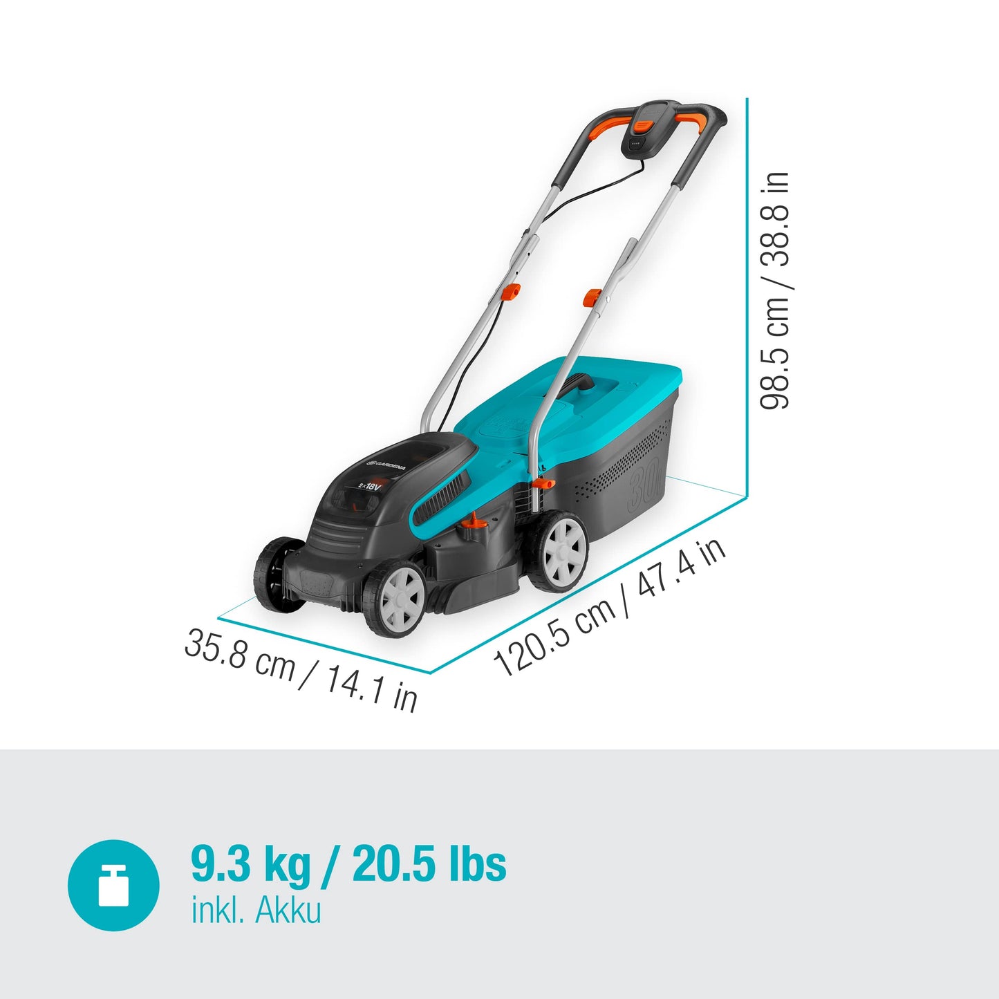 Gardena Akku-Rasenmäher PowerMax 32/36V P4A Ready-to-Use Set: Rasenmäher bis 200 m², 32 cm Schnittbreite, 30 l Fassungsvolumen