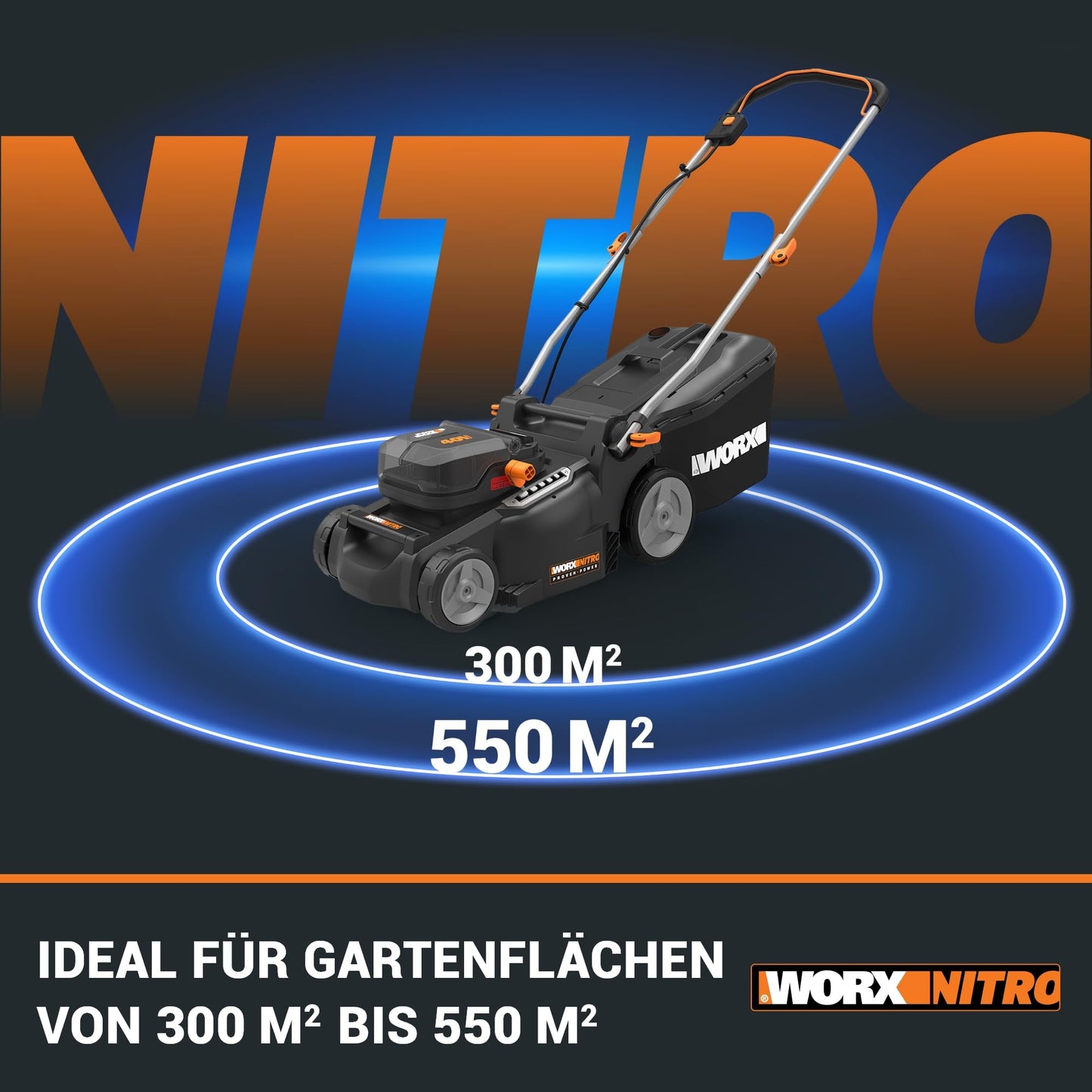 WORX WG737E Nitro Akku-Rasenmäher 40V(2x20V) - leistungsstarke bürstenloser Motor - 37cm Schnittbreite - 6 Schnitthöhenstufe (20-70mm)