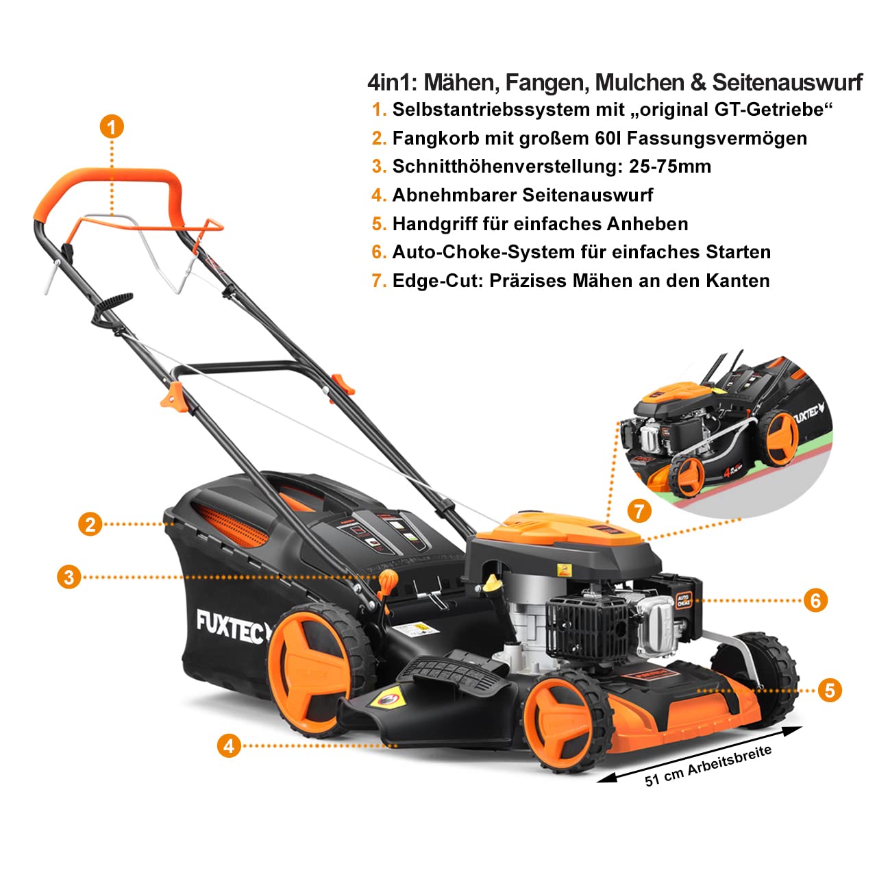 FUXTEC 4in1 Benzin Rasenmäher FX-RM5196-6PS/4,4kW | 51cm Schnittbreite & 8-stufige Höhenverstellung 25mm-75mm |