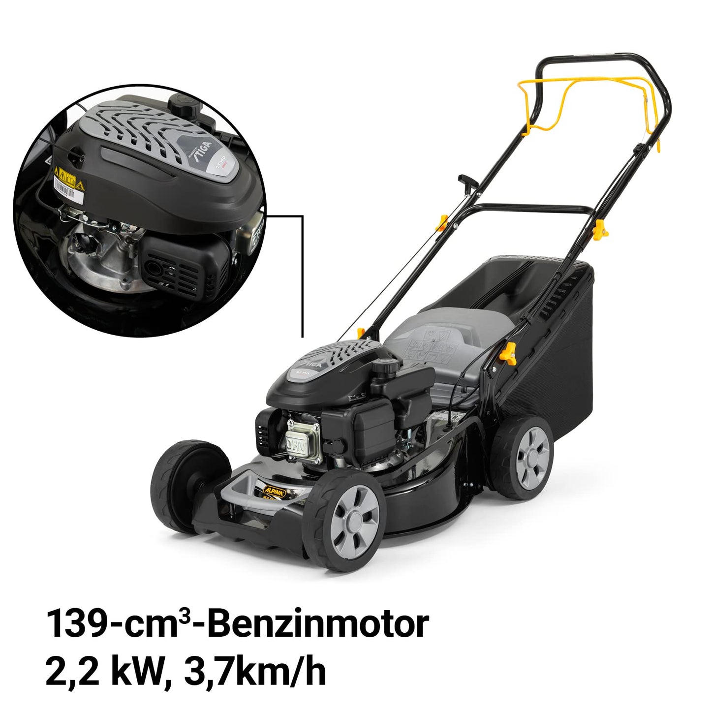 Alpina Rasenmäher Benzin AL5 46 SA, Radantrieb, 60L Korb, 46cm Schnitt, bis zu 1200m²