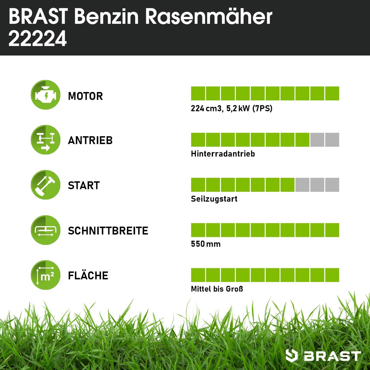 BRAST® Benzin Rasenmäher mit Antrieb | 5,2kW (7PS) | 55cm Schnittbreite | viele Modelle | TÜV | 30-80mm Schnitthöhe | 60L Fangkorb | 4 Takt OHV Motor