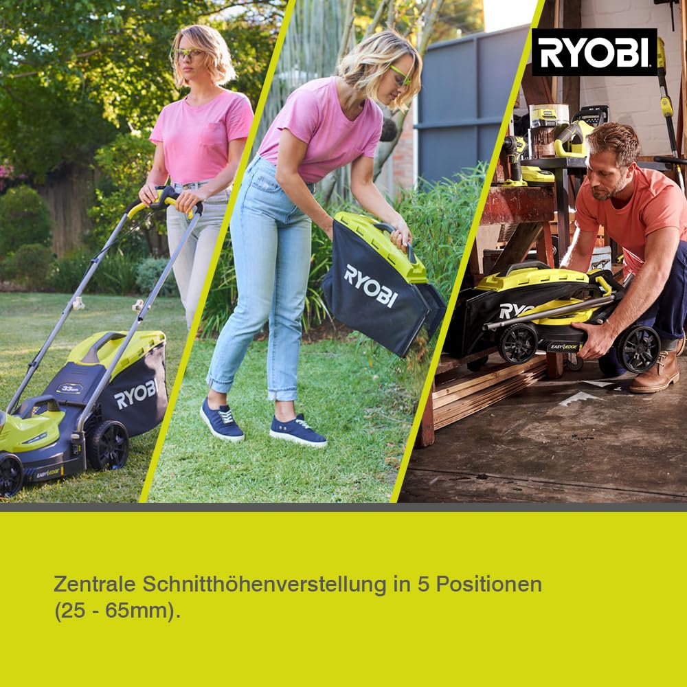 RYOBI 18 V ONE+ Akku-Rasenmäher OLM1833B (Schnittbreite 33 cm, 5-fache Höhenverstellung 25-65 mm, zusammenklappbares Griffgestänge