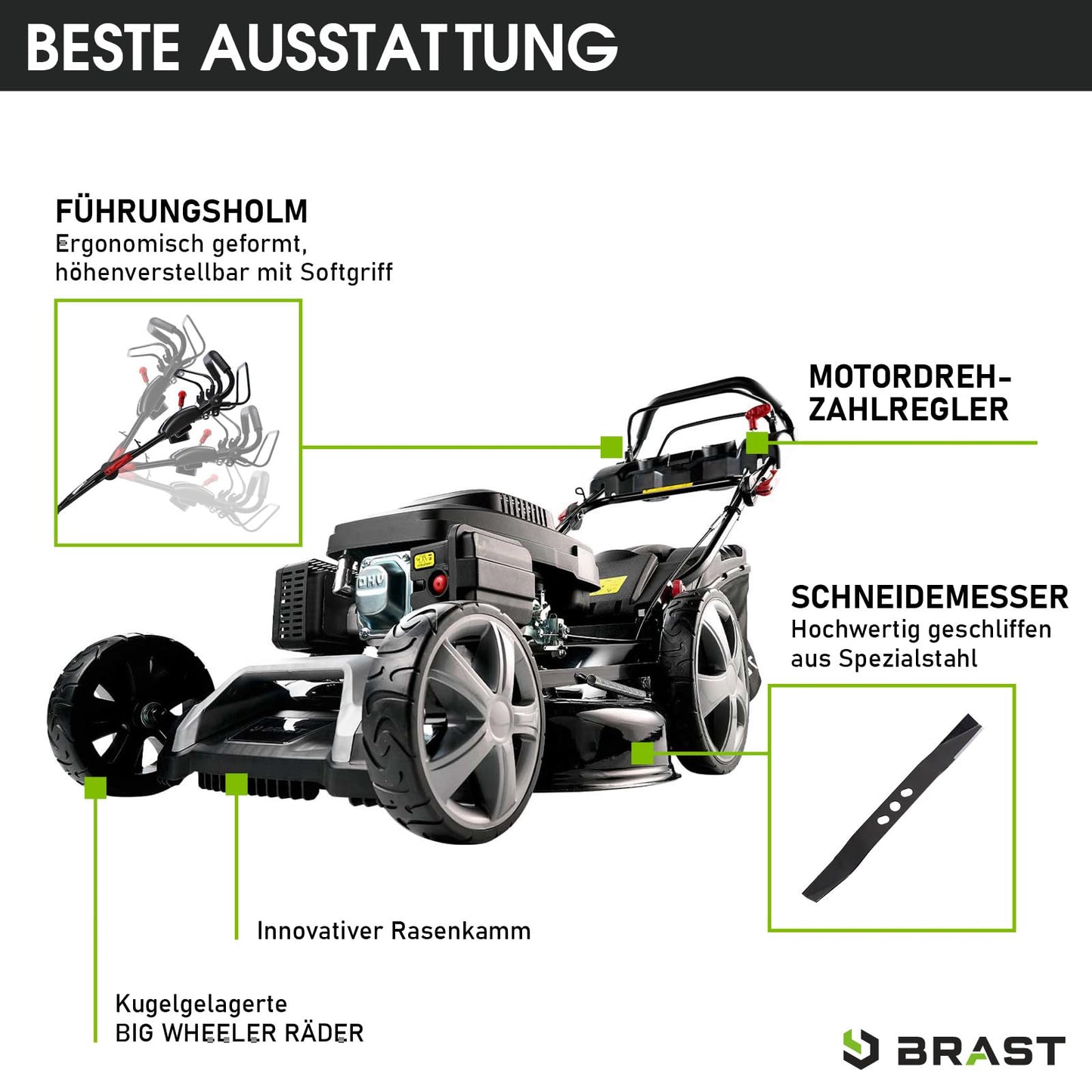 BRAST® Benzin Rasenmäher mit Antrieb | 5,2kW (7PS) | 55cm Schnittbreite | viele Modelle | TÜV | 30-80mm Schnitthöhe | 60L Fangkorb | 4 Takt OHV Motor