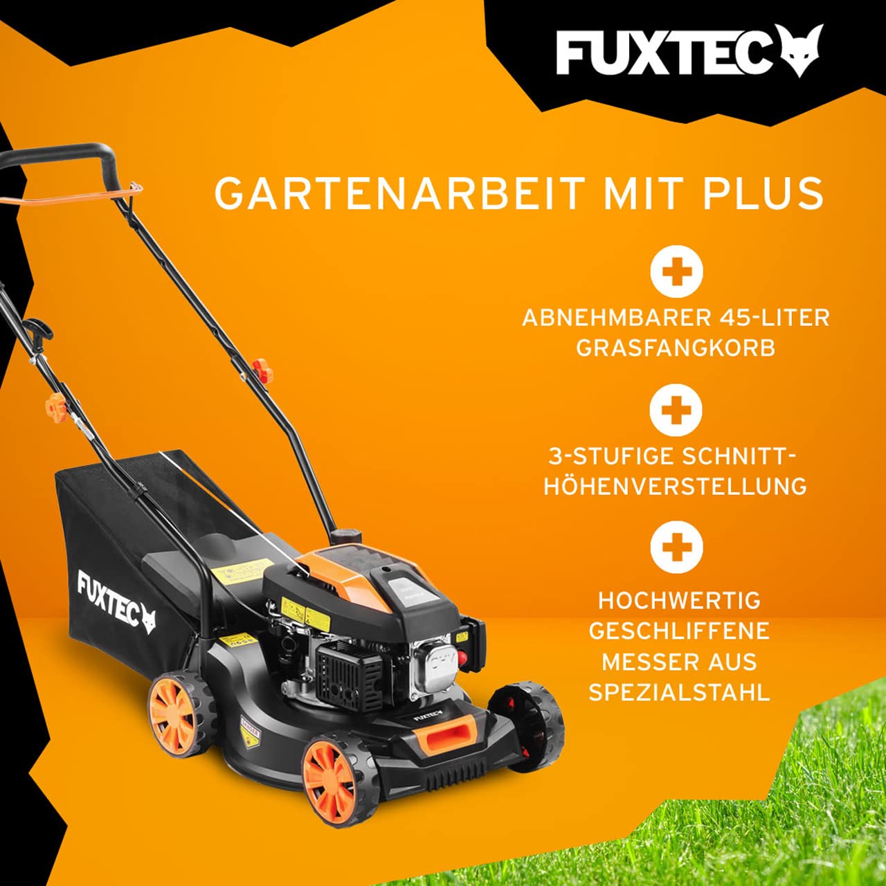 FUXTEC Benzin Rasenmäher FX-RM4180 1,8PS / 1,3kW | Gewicht nur 18kg | 40cm Schnittbreite & 3-stufige Schnitthöhenverstellung 25-55mm