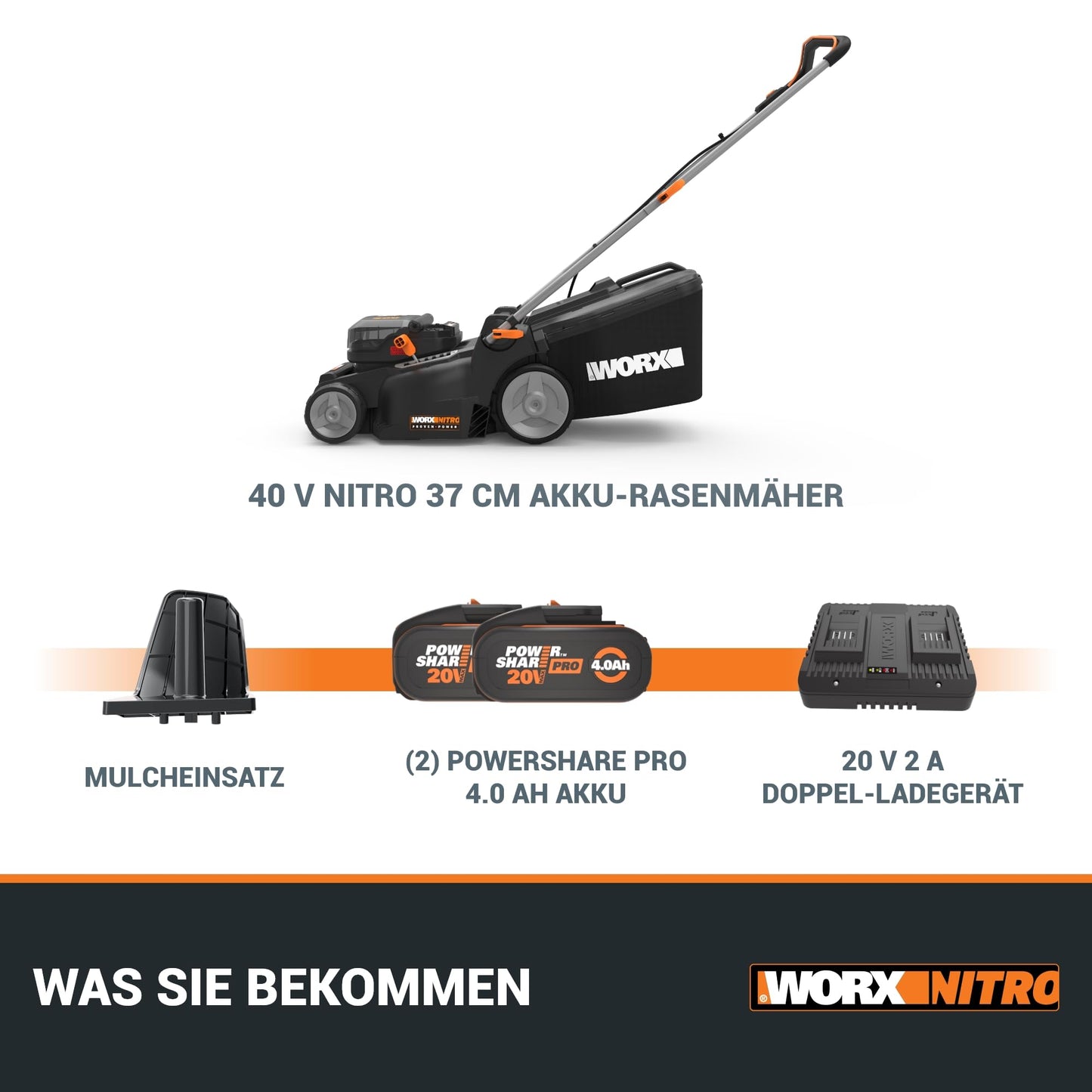 WORX WG737E Nitro Akku-Rasenmäher 40V(2x20V) - leistungsstarke bürstenloser Motor - 37cm Schnittbreite - 6 Schnitthöhenstufe (20-70mm)