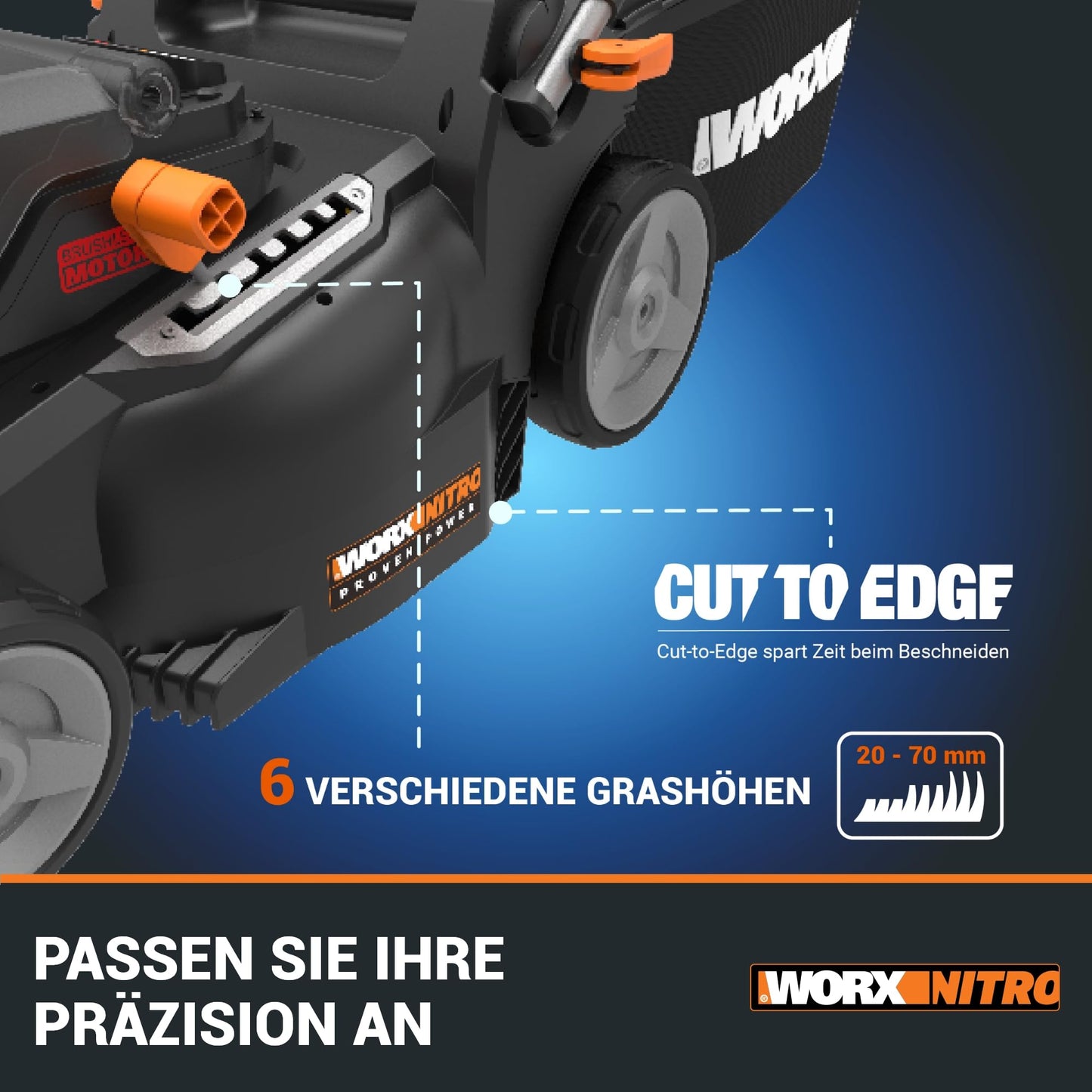 WORX WG737E Nitro Akku-Rasenmäher 40V(2x20V) - leistungsstarke bürstenloser Motor - 37cm Schnittbreite - 6 Schnitthöhenstufe (20-70mm)