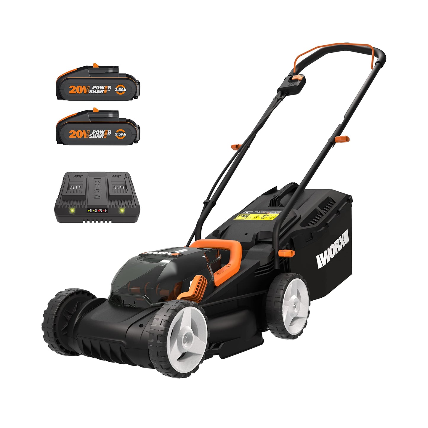 WORX 40V Akku-Rasenmäher WG779E, 2,5Ah 2 Akkus, Powershare, Schnittbreite 34cm, 6-Fache 20-70mm Schnitthöhenverstellung, Dual-Ladegerät, 2 x 18V