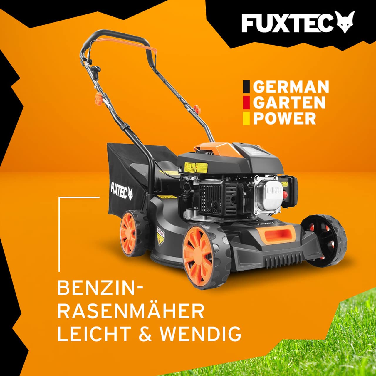 FUXTEC Benzin Rasenmäher FX-RM4180 1,8PS / 1,3kW | Gewicht nur 18kg | 40cm Schnittbreite & 3-stufige Schnitthöhenverstellung 25-55mm