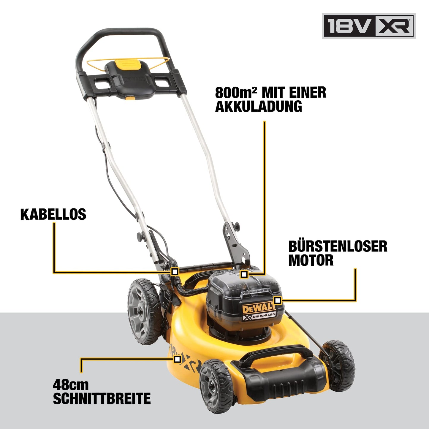 DEWALT Akku-Rasenmäher (18V, 48 cm Schnittbreite, für große Grundstücke (bis 800m²), mit Mulchfunktion