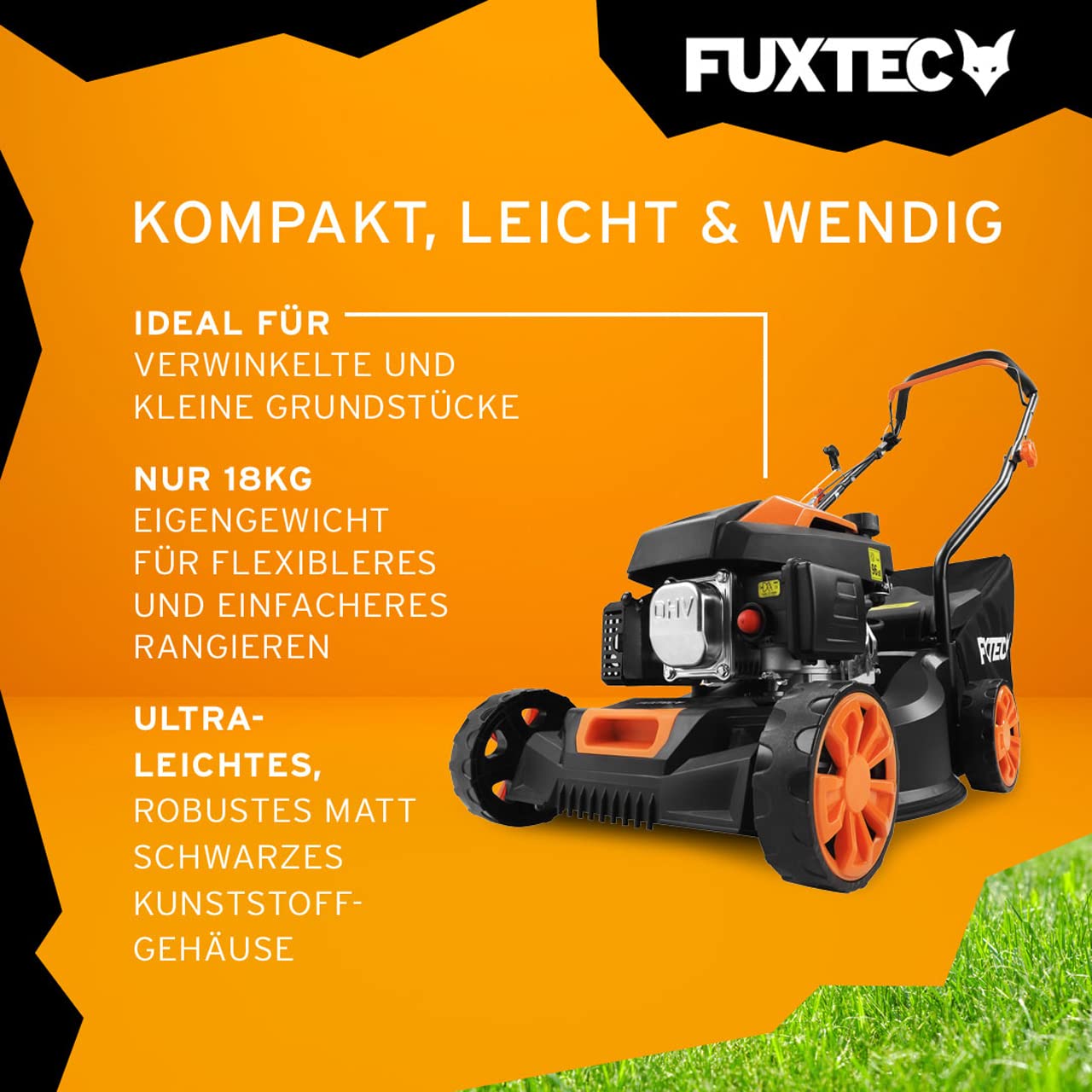 FUXTEC Benzin Rasenmäher FX-RM4180 1,8PS / 1,3kW | Gewicht nur 18kg | 40cm Schnittbreite & 3-stufige Schnitthöhenverstellung 25-55mm