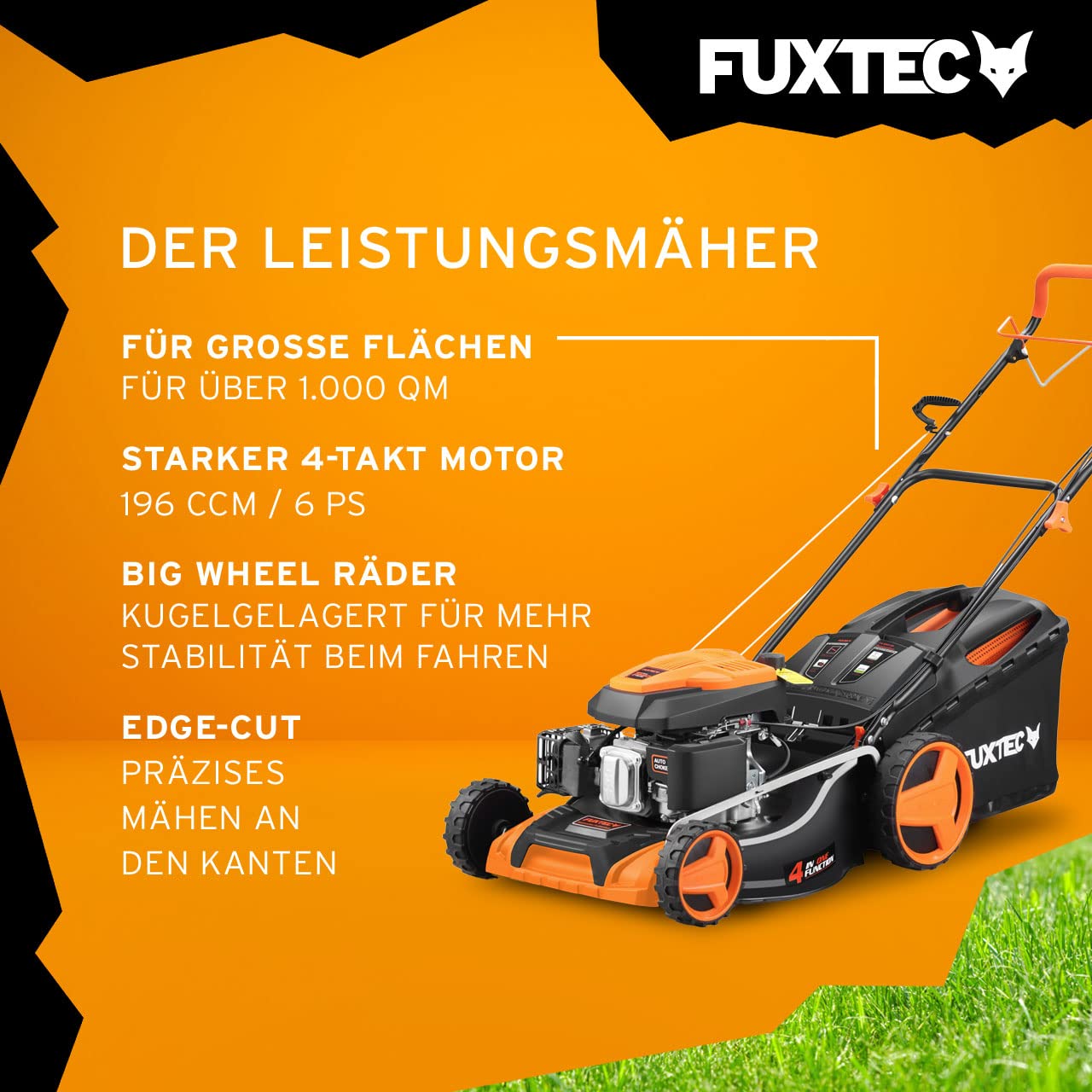 FUXTEC 4in1 Benzin Rasenmäher FX-RM5196-6PS/4,4kW | 51cm Schnittbreite & 8-stufige Höhenverstellung 25mm-75mm |