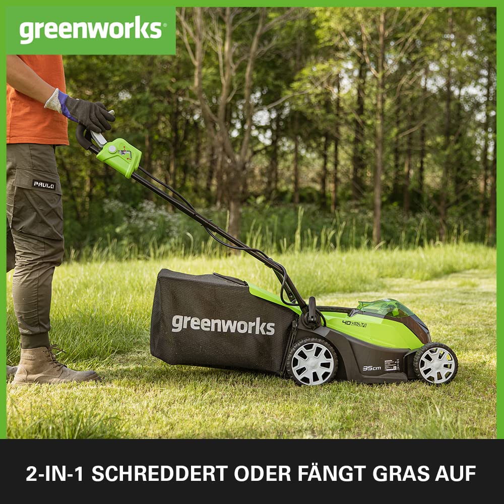 Greenworks G40LM35 Kabelloser Akku Rasenmäher - Für Flächen bis zu 400 m², 35 cm Schnittbreite, 40-Liter-Sack OHNE 40-V-Akku und Ladegerät, 3 Jahre Garantie