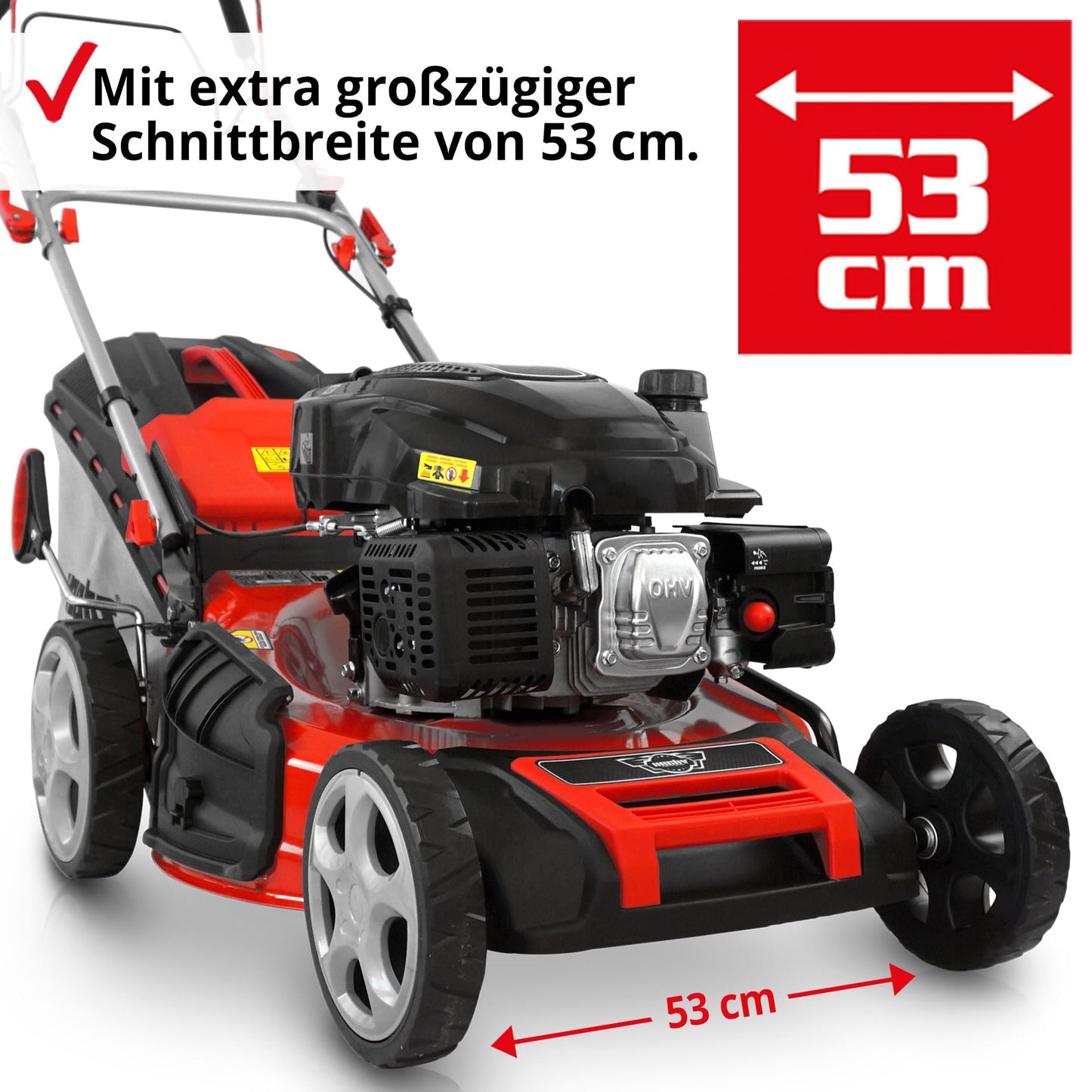 HECHT 5-IN-1 Benzin Rasenmäher – leistungsstarker 4 Takt Eco Motor 4,4 kW (6,0 PS) – Seilzug Starter – mit 53 cm Schnittbreite – 75 l Fangkorb – Radantrieb