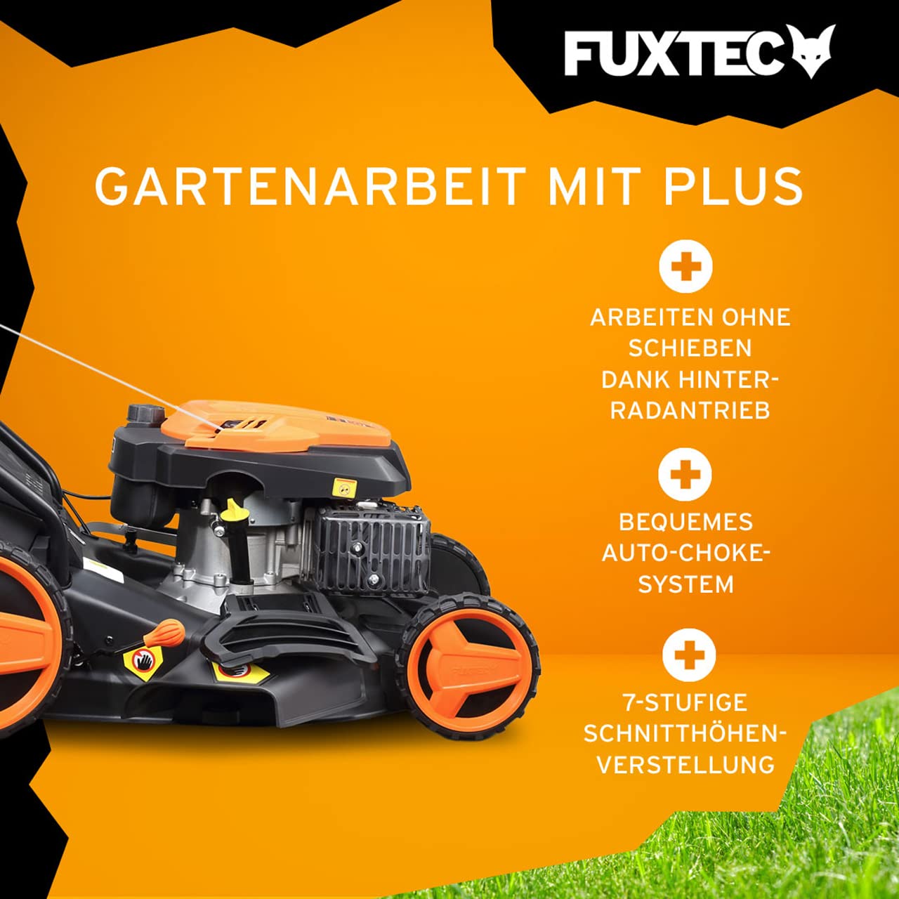 FUXTEC 4in1 Benzin Rasenmäher FX-RM4646 – 3,5PS/2,6kW | 46cm Schnittbreite & 7-stufige Höhenverstellung 25mm-75mm