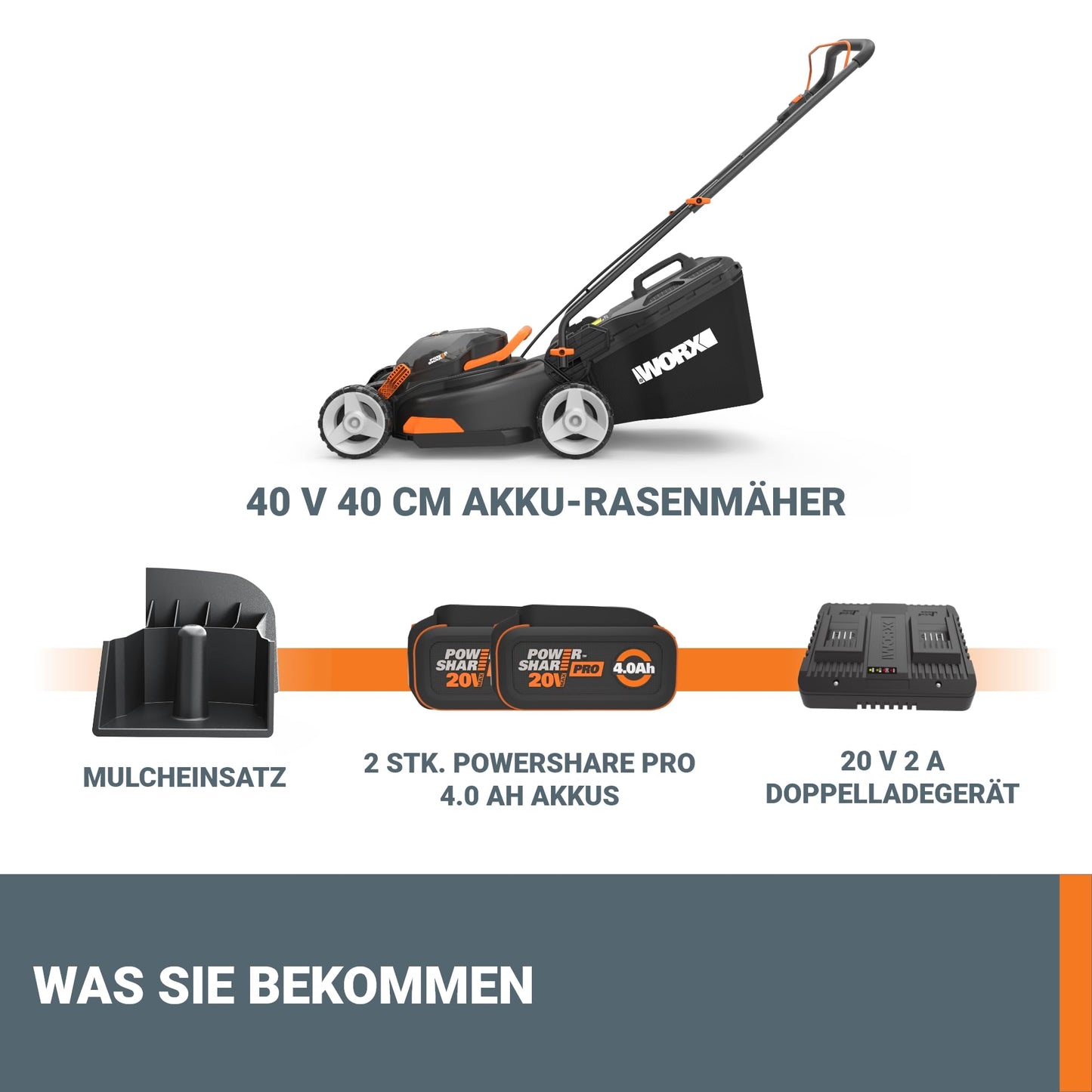 WORX WG743E Akku-Rasenmäher 40V – Profi Rasenmäher mit Mulchfunktion & PowerShare Akku – Rasenmähen ohne Kabel – Ideal für Gärten bis zu 500m²