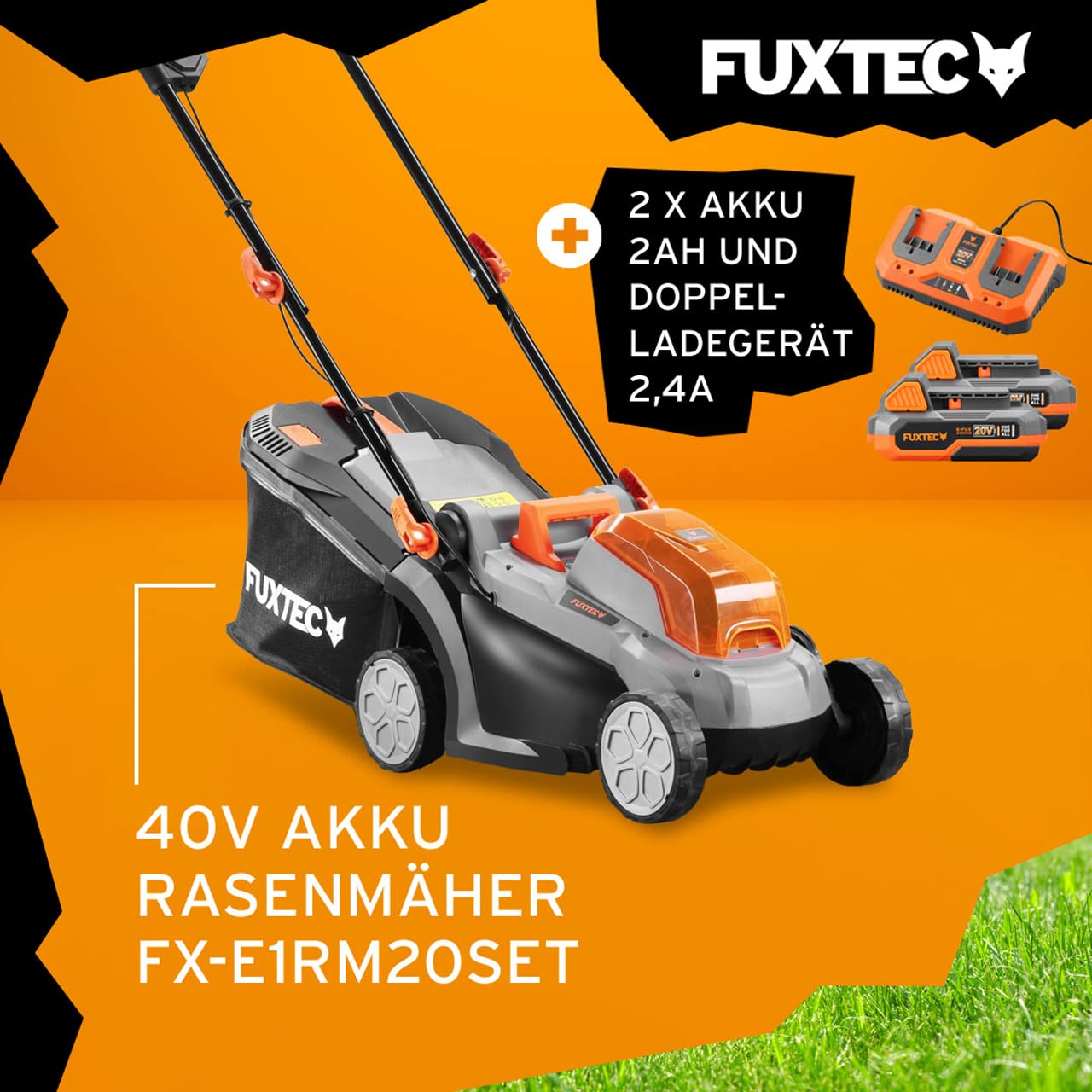 FUXTEC Akku Rasenmäher 40V (2x20V) E1RM20 inkl. 2x20V Li-Ion Batterie 2Ah & Doppel-Ladegerät – Schnittbreite 33cm, Variable Schnitthöhe