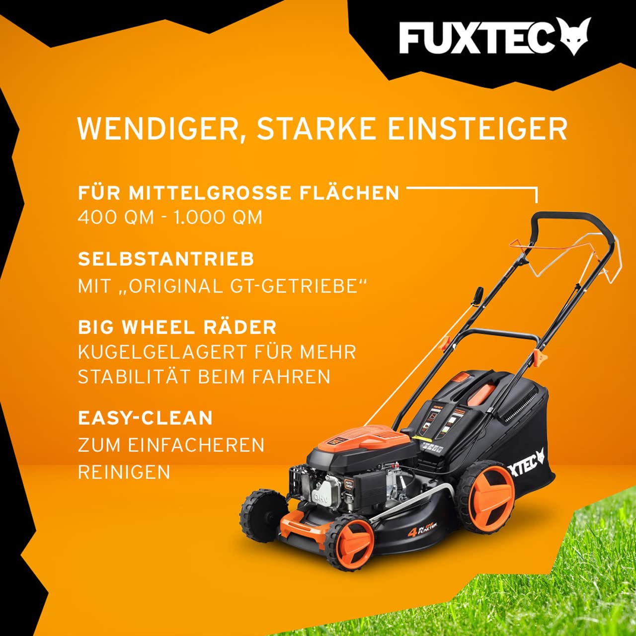 FUXTEC 4in1 Benzin Rasenmäher FX-RM4646 – 3,5PS/2,6kW | 46cm Schnittbreite & 7-stufige Höhenverstellung 25mm-75mm