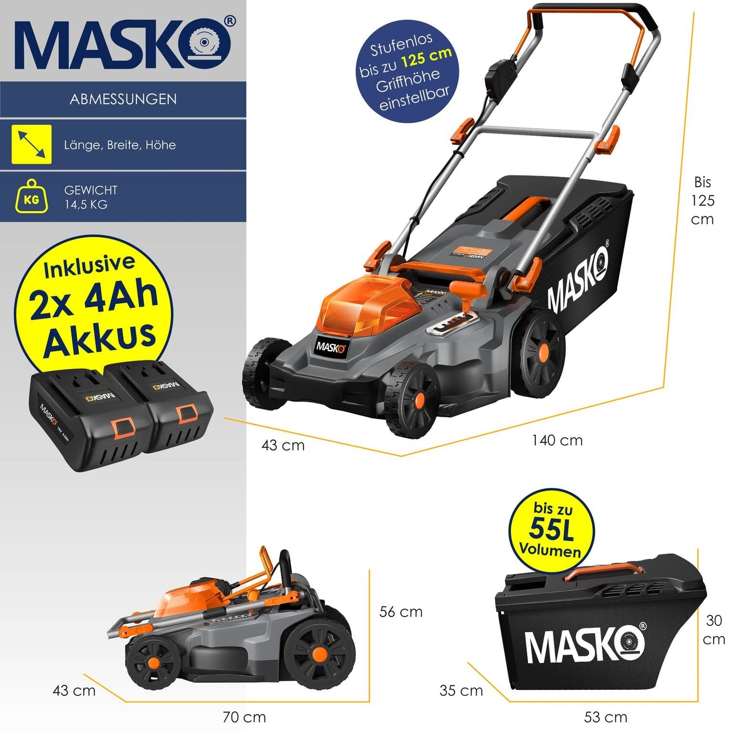 MASKO® Rasenmäher mit Mulchfunktion inkl. 2X Akkus Li-Ion Batterie 4Ah & Doppel-Ladegerät – Rasentrimmer Schnittbreite 43cm