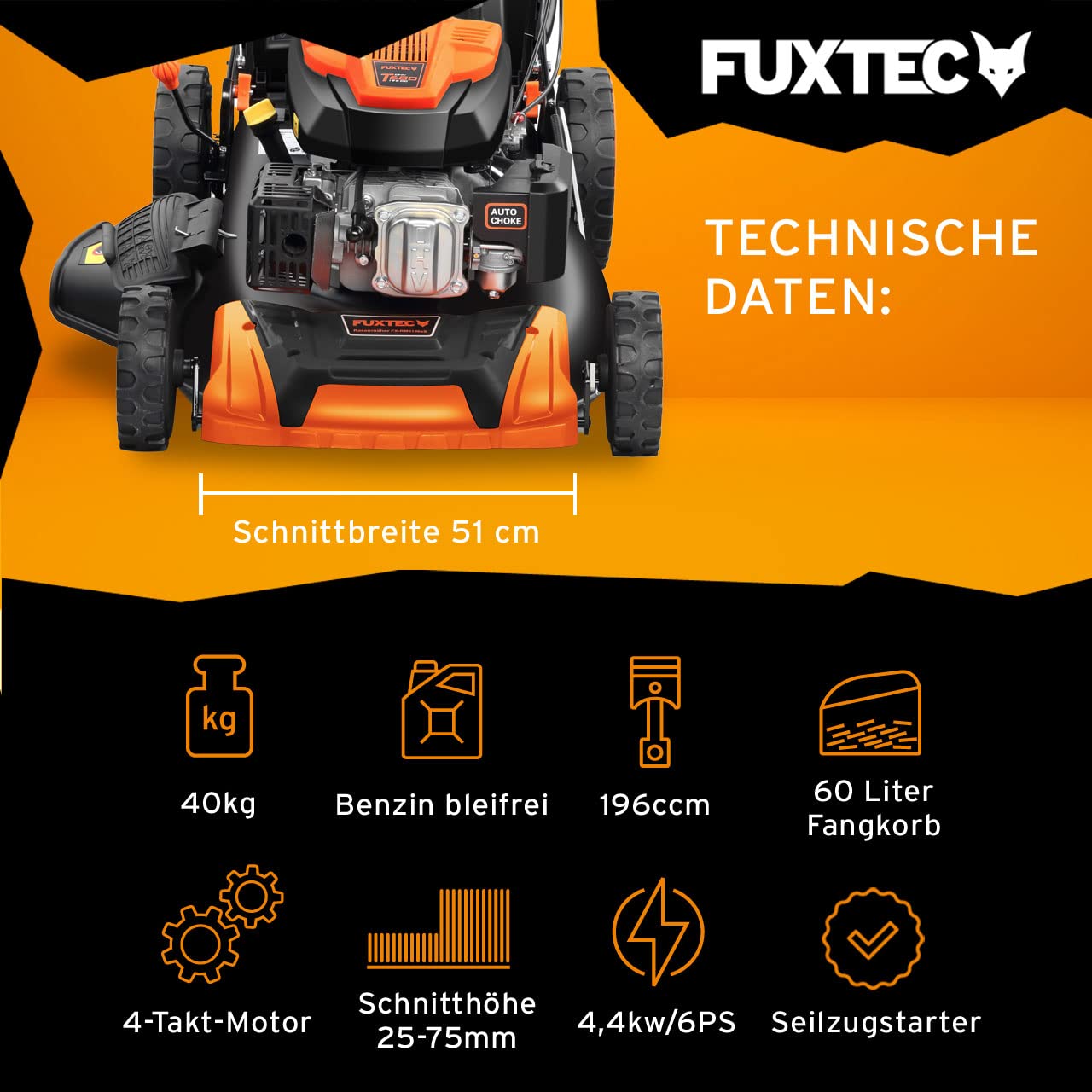 FUXTEC 4in1 Benzin Rasenmäher FX-RM5196-6PS/4,4kW | 51cm Schnittbreite & 8-stufige Höhenverstellung 25mm-75mm |