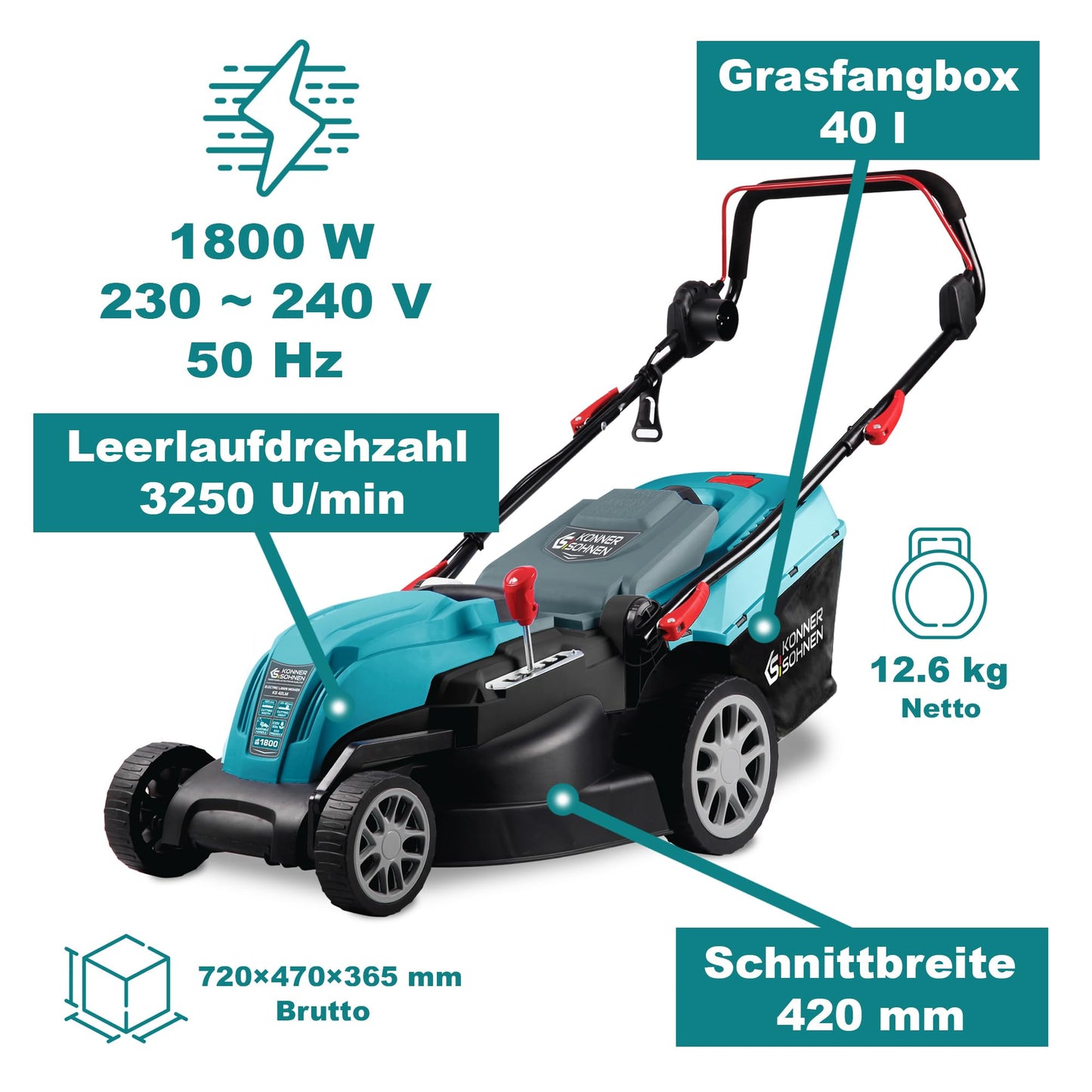 K&S Könner&Söhnen KS 42LM rasenmäher Elektro 1800 W, Lawn Mower mit Schnittbreite 420 mm,elektrorasenmäher Schnitthöhe 25–80 mm