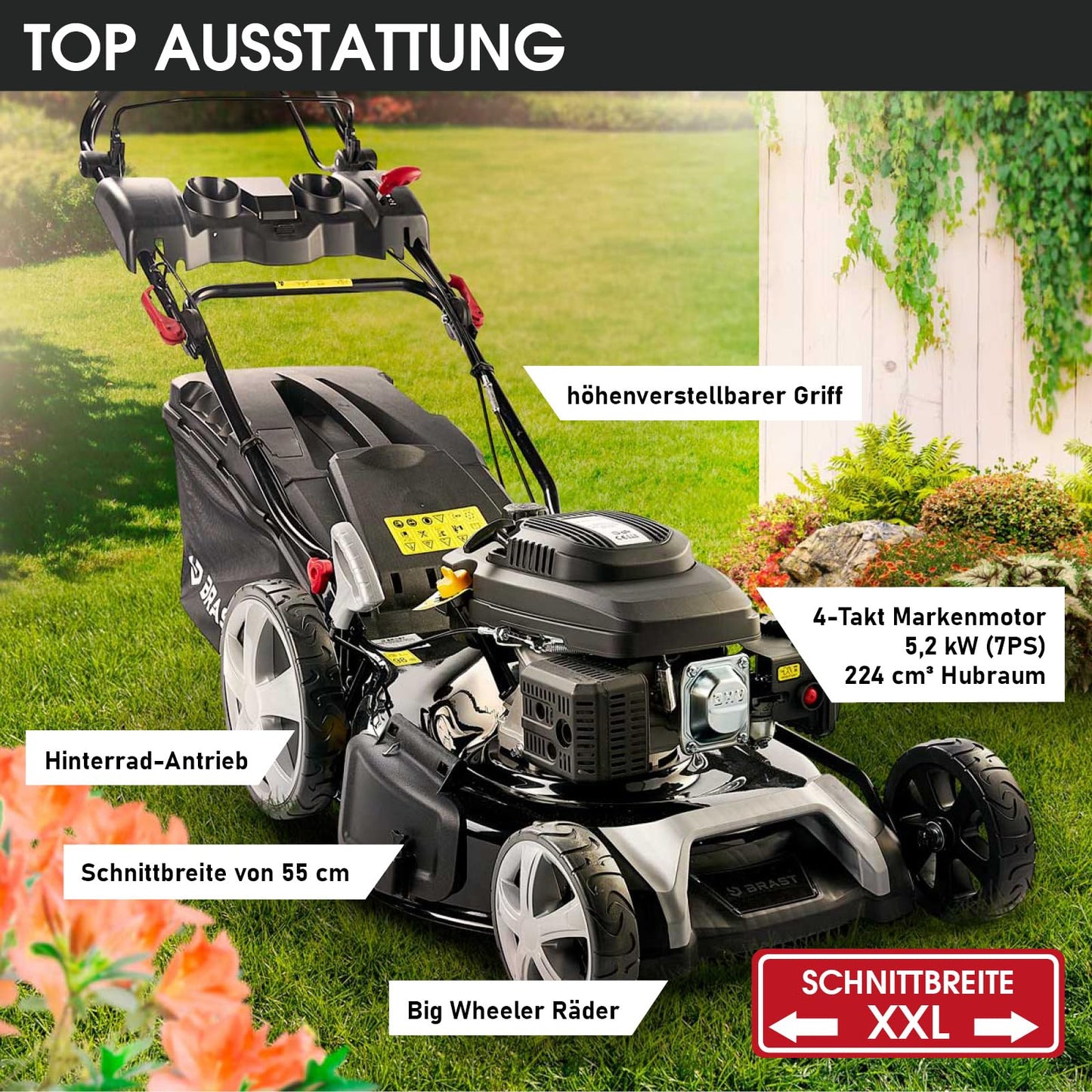 BRAST® Benzin Rasenmäher mit Antrieb | 5,2kW (7PS) | 55cm Schnittbreite | viele Modelle | TÜV | 30-80mm Schnitthöhe | 60L Fangkorb | 4 Takt OHV Motor