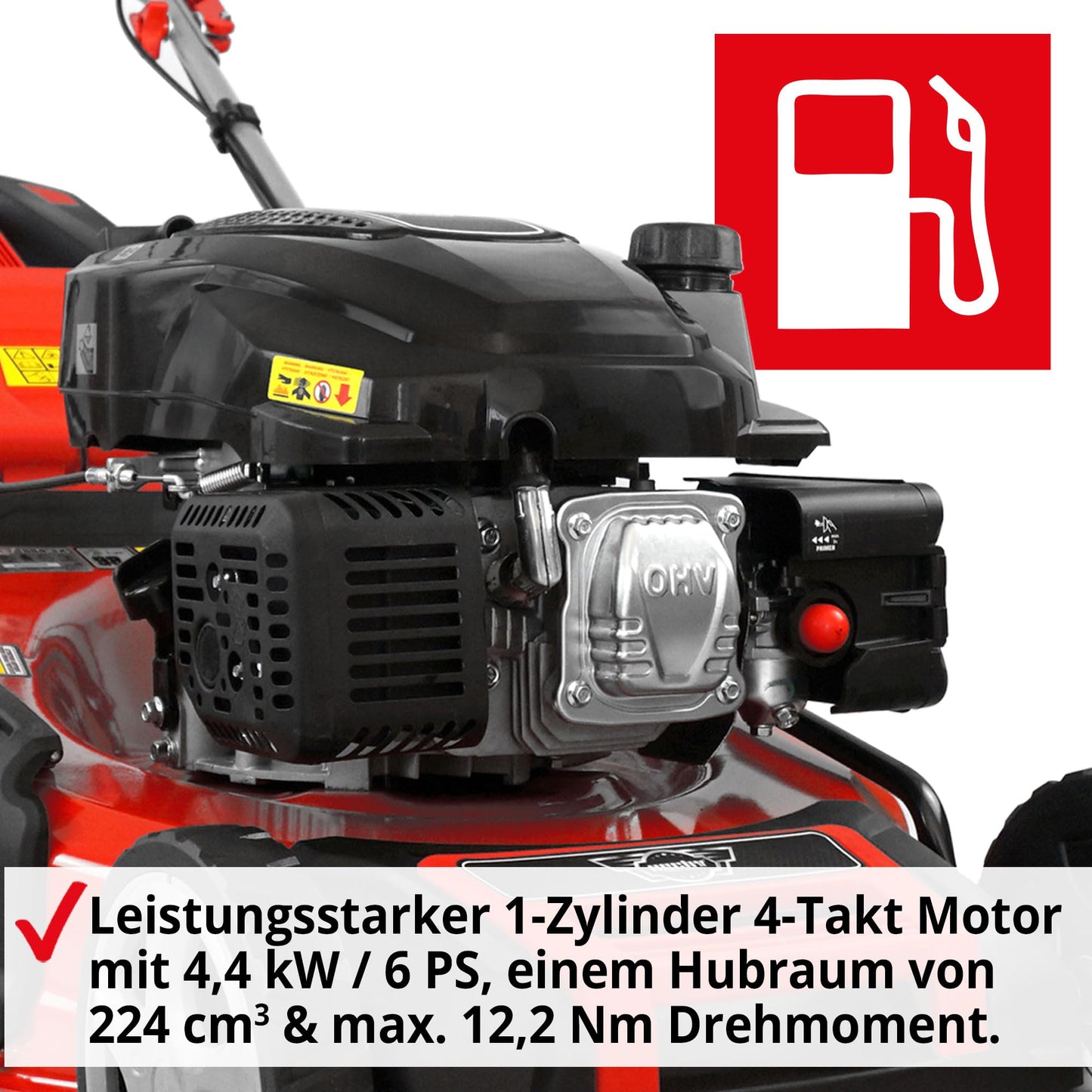 HECHT 5-IN-1 Benzin Rasenmäher – leistungsstarker 4 Takt Eco Motor 4,4 kW (6,0 PS) – Seilzug Starter – mit 53 cm Schnittbreite – 75 l Fangkorb – Radantrieb