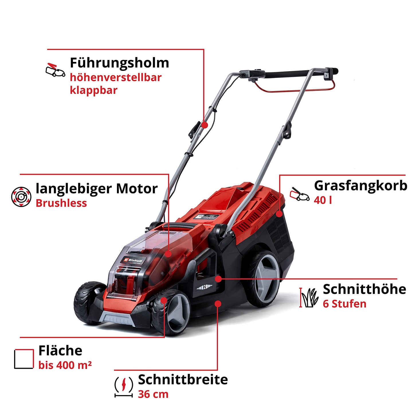 Einhell Akku-Rasenmäher GE-CM 36/36 Li Kit Power X-Change (36 V, 36 cm Schnittbreite, bis 400 m², Brushless, 40L Fangkorb, 25-75 mm Schnitthöhe