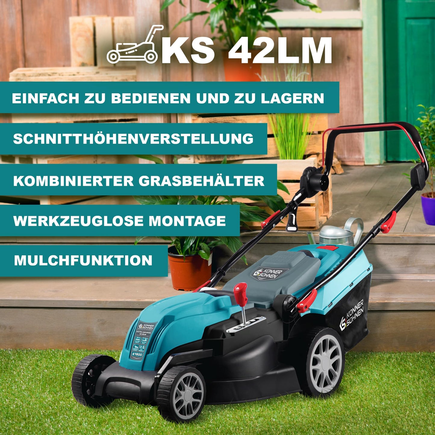 K&S Könner&Söhnen KS 42LM rasenmäher Elektro 1800 W, Lawn Mower mit Schnittbreite 420 mm,elektrorasenmäher Schnitthöhe 25–80 mm