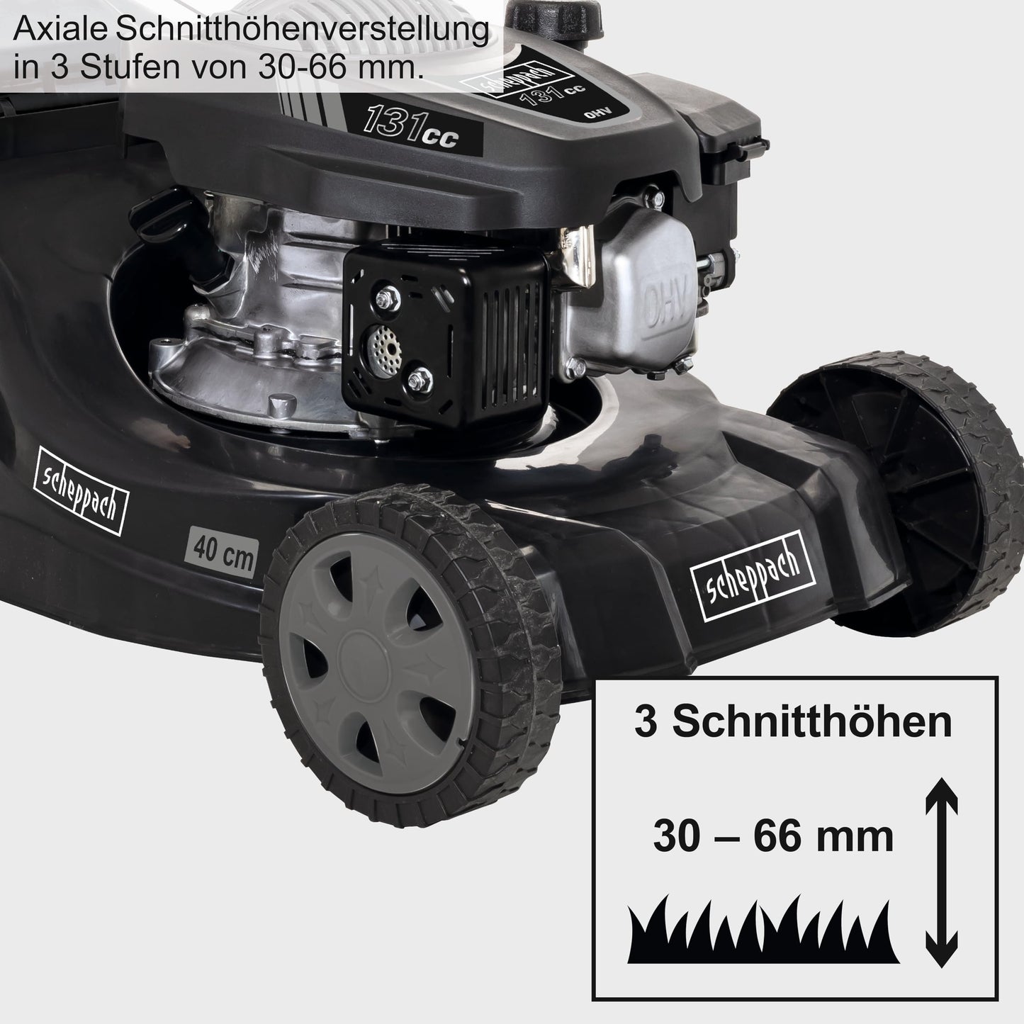 Scheppach MP132-40B Benzin Rasenmäher Black Edition für Rasenflächen bis 600m² | Schnittbreite 40cm | Leistung 3,3PS | Schnitthöhenverstellung